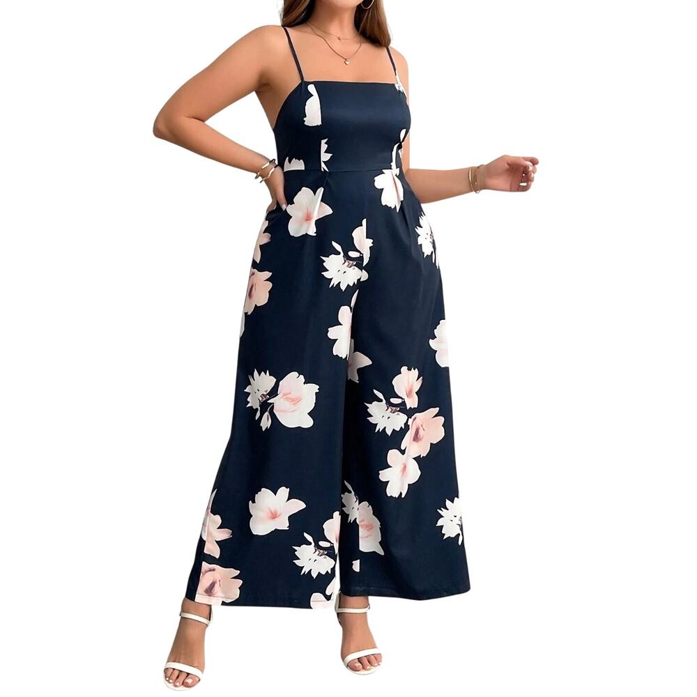 Floral Printed Sleeveless Jumpsuit in Blue, Size 1XL